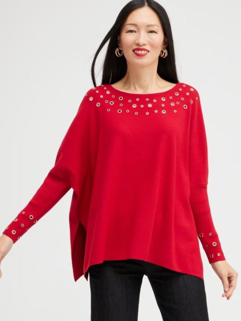 Chico's Red Poncho Sweater Grommet Embellished S/M